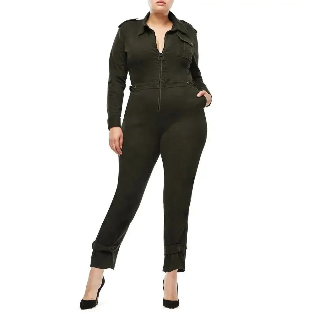 NWT Good American Flight Suit Denim Jumpsuit Ruched Waist Tapered Leg Black 4XL